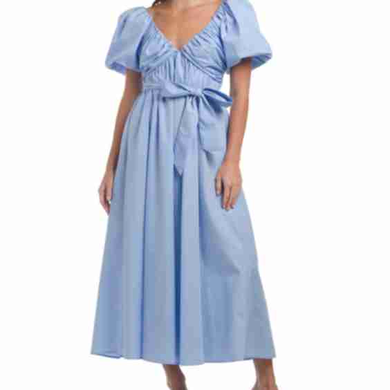 Puff Sleeve Midi Dress with Waist Tie