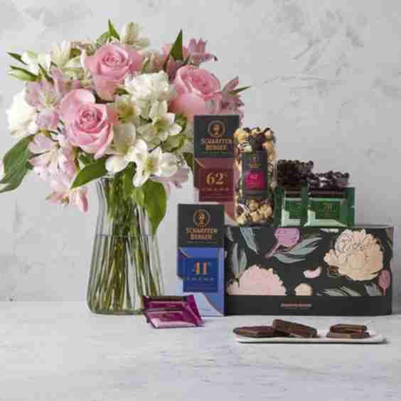 Chocolate Curio Collection and Cherished Blooms Bouquet