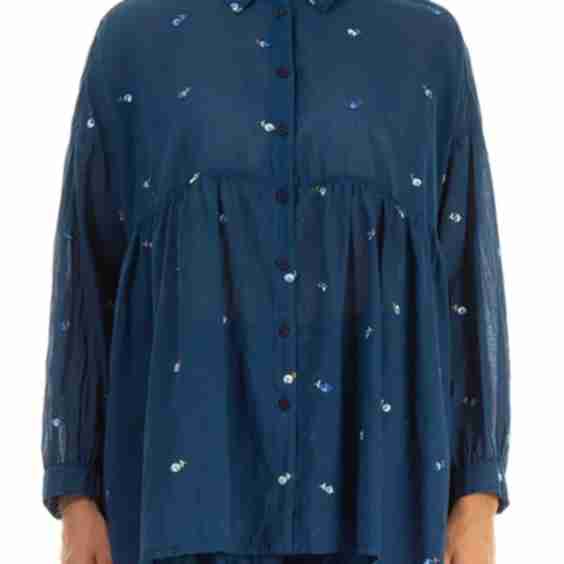 Flared Navy Embroidered Petals Cotton Shirt