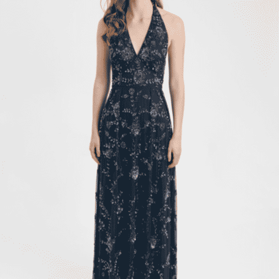 Embellished Sequin Beaded Maxi Dress with Halter Neck with Deep V-Cut