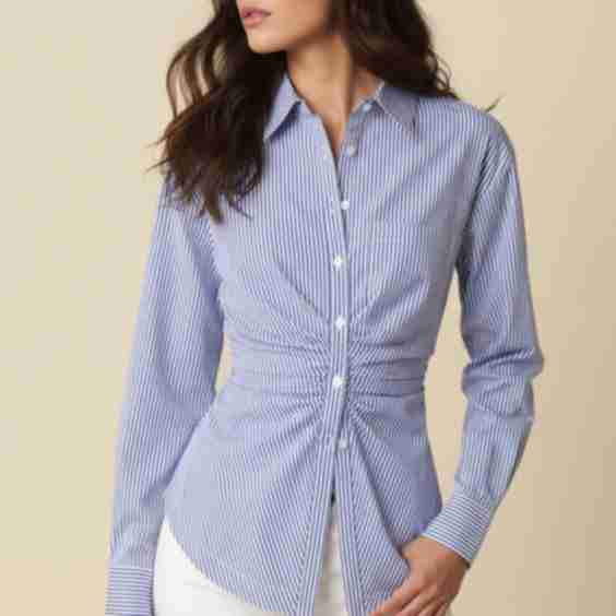 Delaney Long Sleeve Button Down Cinched Waist Stripe Print Top