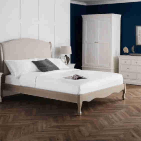 Oatmeal Fabric and Oak Wooden Double Bed Frame