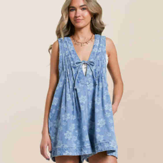 Floral Front Tie Denim Romper