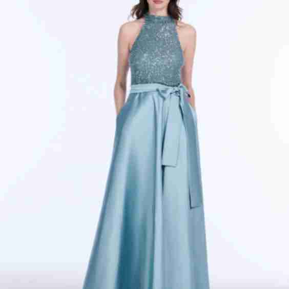 Glass Stretch Bead Mock Neck Gown With  Taffeta Skirt 