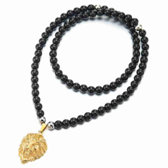 Gothic Punk Rock Onyx Beads Necklace Stainless Steel Vintage Lion Head Pendant