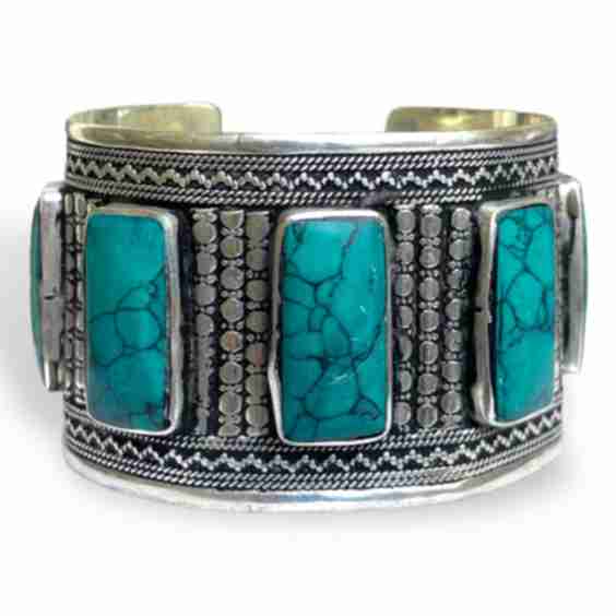 Afghan Silver Plated Patterned Open Cuff Inlaid with Turquoise Dyed Howlite Rectangular Panels