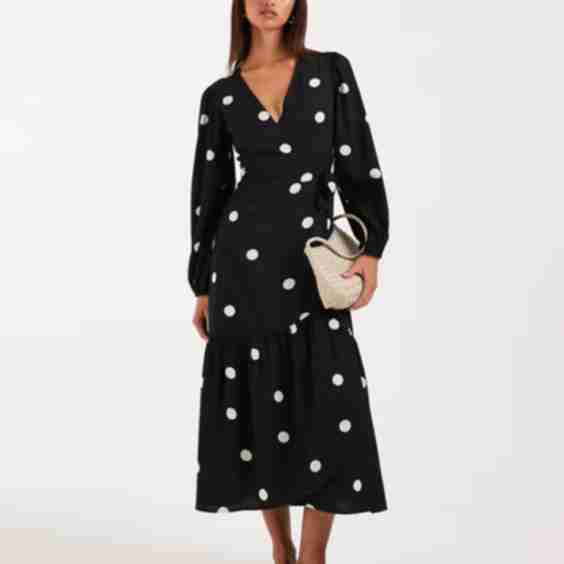 Long Sleeved Midaxi Wrap Dress With Polka Dot Pattern