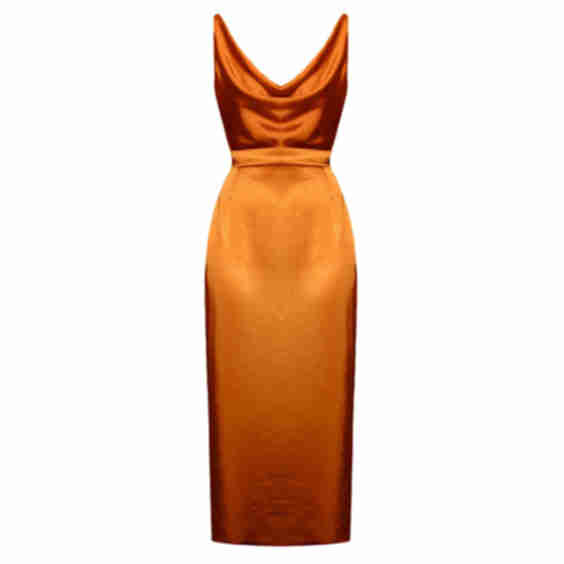 Kamea Tawny Brown Satin Draped Front Open Back Midi Dress