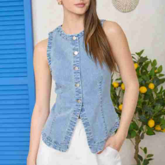 Washed Denim Button Down Vest Top