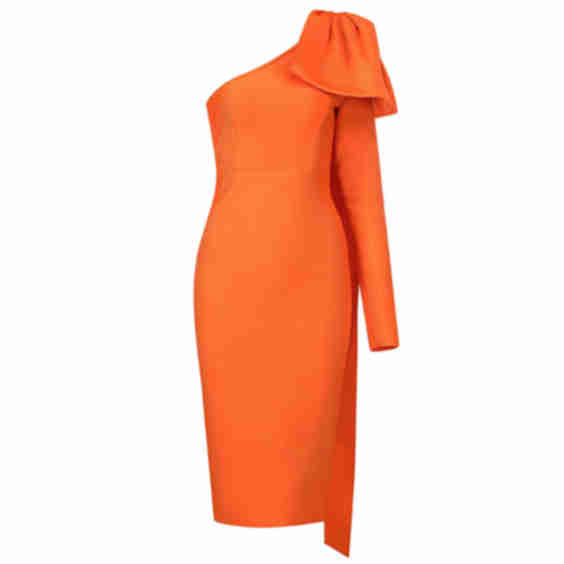AMANDA One Shoulder Long Sleeve Over Knee Bowknot Asymmetrical Bandage Dress