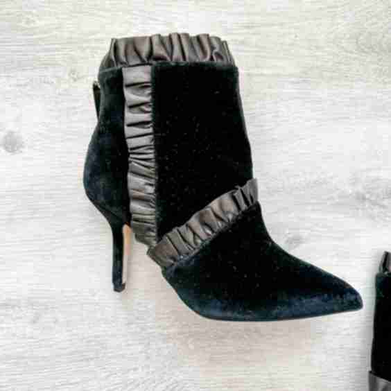 Velvet Leather Trim Detail Ankle High Heels Booties