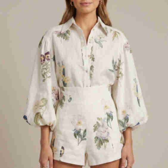 Floral Linen Blend Balloon Sleeve Shirt and High Waist Shorts Two Piece Set