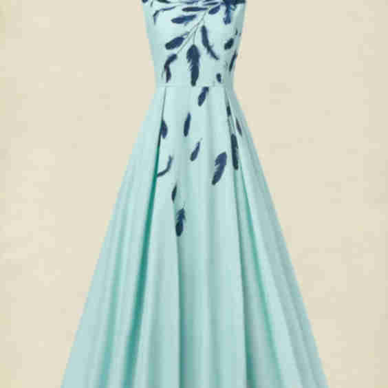 Maxi Linen Dress Sleeveless Round Neck Feather Pattern Pocket Design Vintage Sky