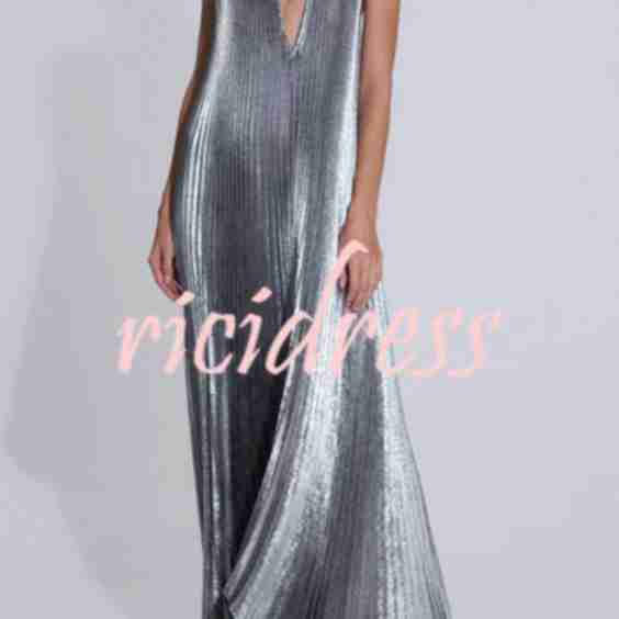 Celebration Party Pleated Metallic Fabric High Deep V Cutout Halter Neck A Line Maxi Dress