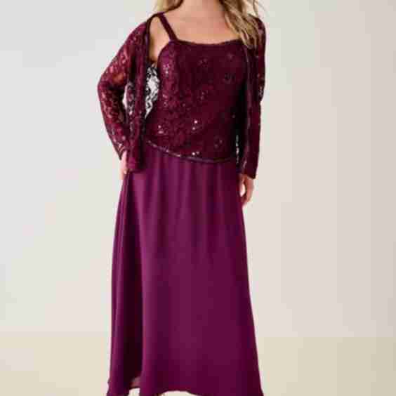 Plus Size 2 Piece Long Sleeve Embellished Lace Jacket and Full Gown