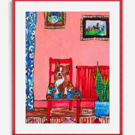 Corgi Dog on Red Chair Wall Art