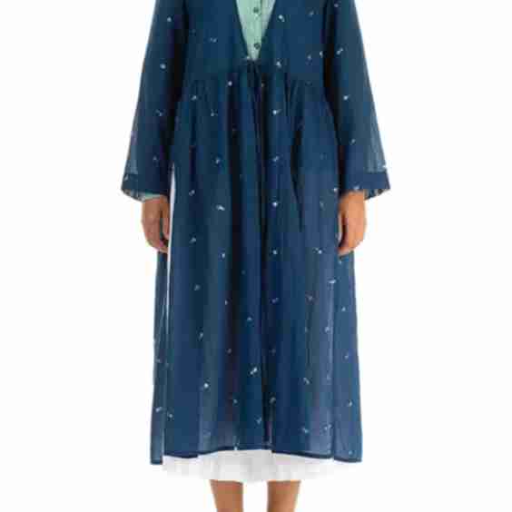 Tie Front Navy Embroidered Petals Cotton Jacket