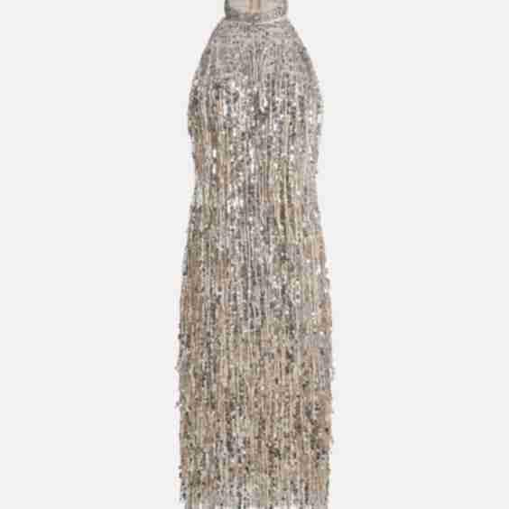 Crystal-Embellished Sequin Fringe Halter Dress