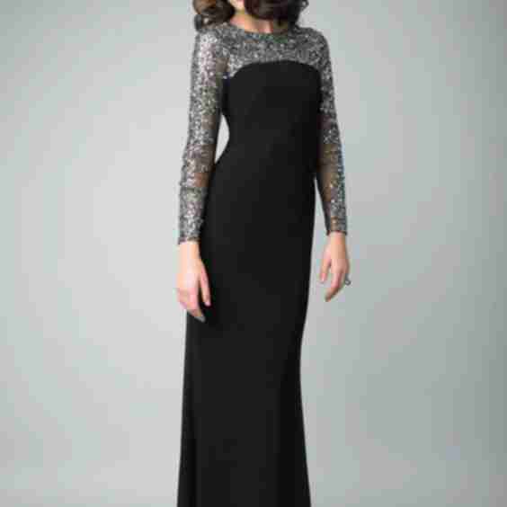 Long Sleeve Matte Jersey Evening Gown With Sequin Top