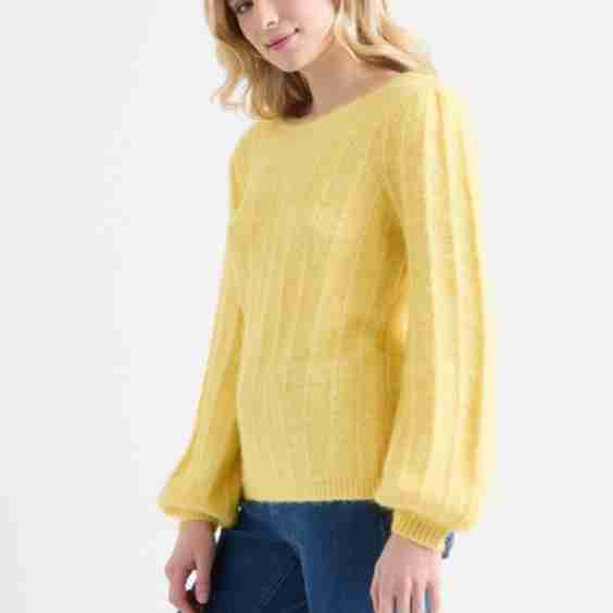 Puffed Long Sleeve Boatneck Pullover Sweater