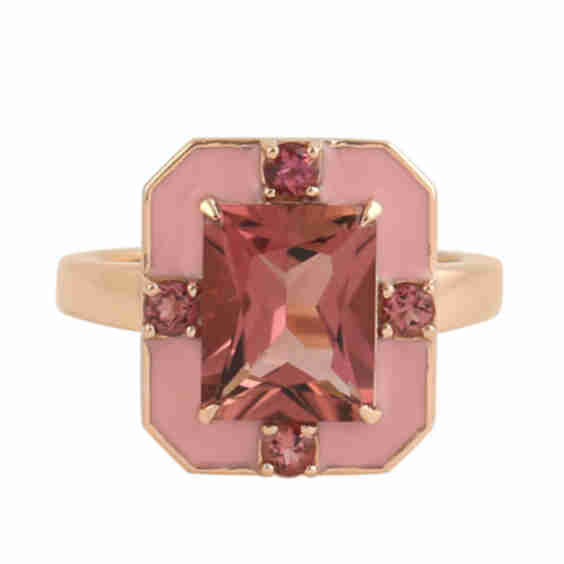 18K Rose Gold Pink Tourmaline & Diamond Enamel Wedding Ring