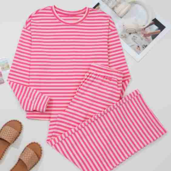 Amayah Stripe Drop Shoulder Round Neck Top and Buttoned Straight Pants Two Piece Set