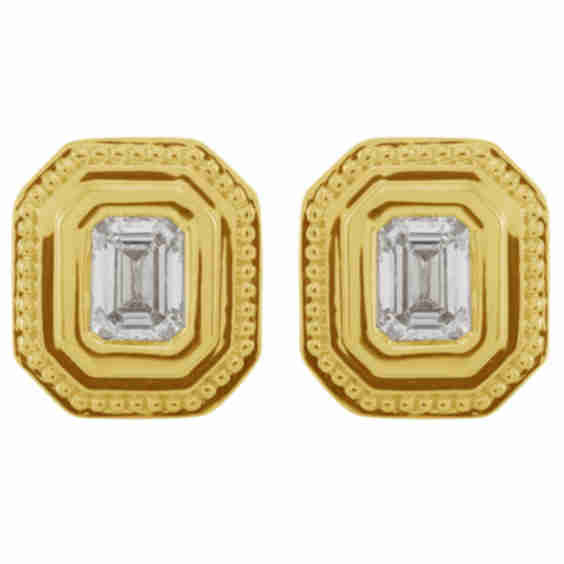 14K Yellow Gold Emerald Cut Diamond Octagon Earrings