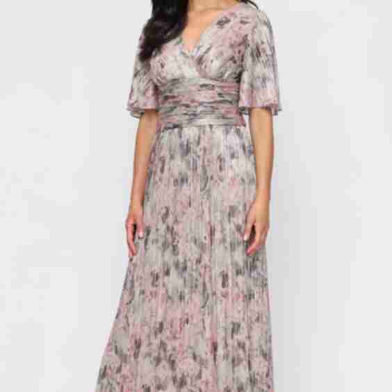Long Printed Bodre Dress with Surplice Bodice, Ruched Waist and Flutter Sleeves