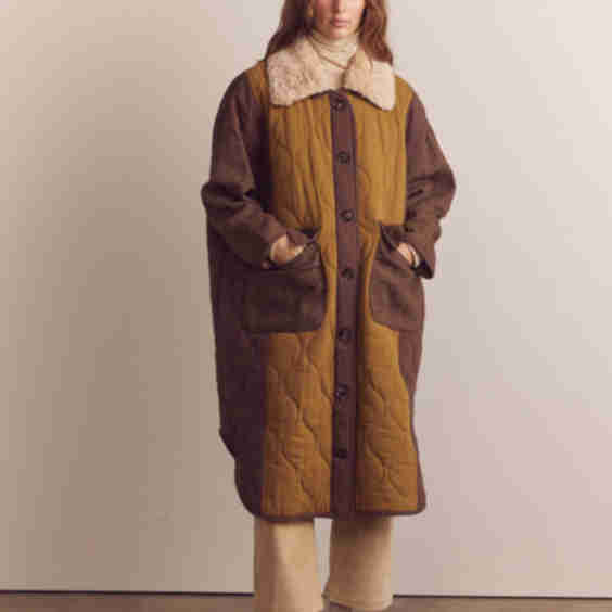 Patch Quilted Wool Blend Detachable Fur Collar Coat