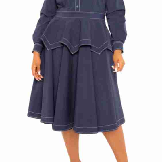 Topstitched Long Sleeve Peplum Shirtdress