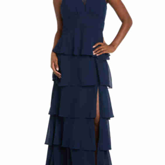 Long Multi-Tiered Deep V-Neck Front Pebble Georgette Dress with Mesh Detail