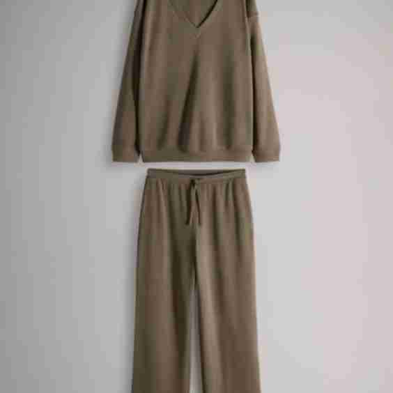 Waffle V-Neck Sweat Top And Wide Leg Jogger Set