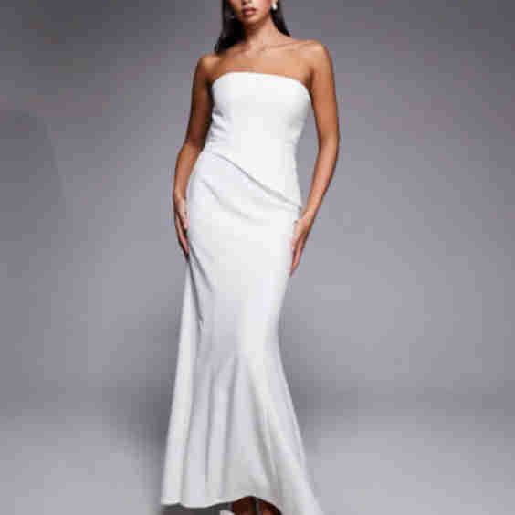 Lenny Bridal Strapless Asymmetric Corset Detail Maxi Dress