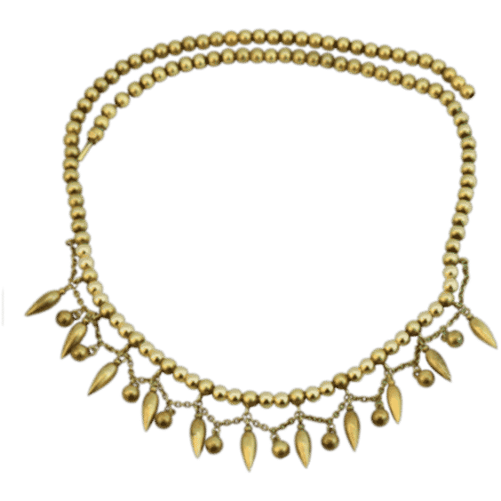 17" Etruscan Revival Dart Fringed Bib 14k Gold Beaded Collar Necklace