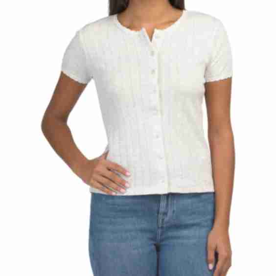 Crew-Neck Short-Sleeve Button-Front Tee