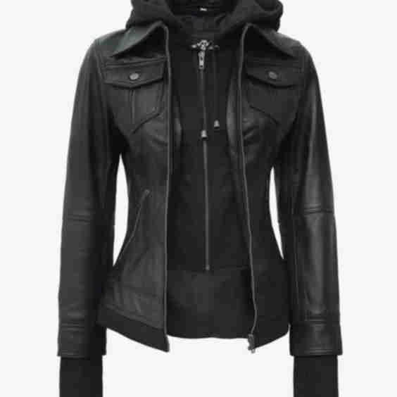 Hooded Leather Jacket - Removable Hood, Thumbhole Sleeves