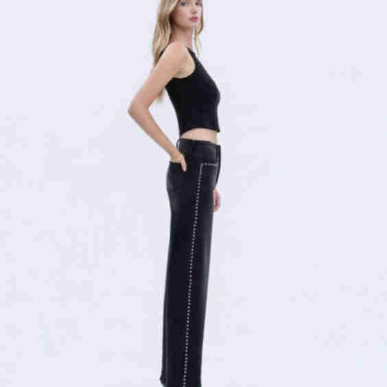 High Rise Silver Dome Nail Head Detail Wide Leg Jeans