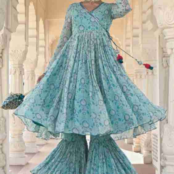 Noor Printed Blue Sequins Angrakha Flared Kurta Sharara