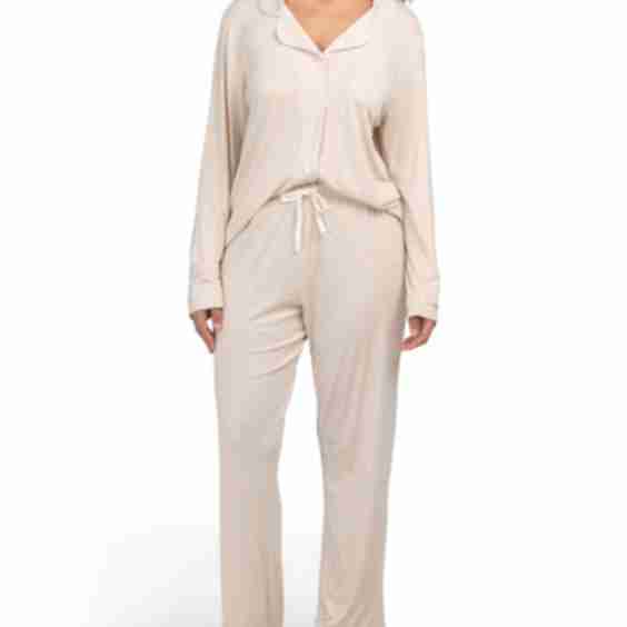 Long Sleeve Notch Collar Top and Pants Pajama Set