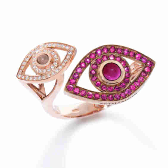 Double Eye Ring with Colored Stones and Diamonds