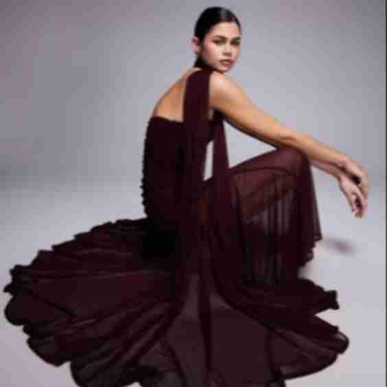 TFNC - Long bandeau dress with sheer skirt and scarf