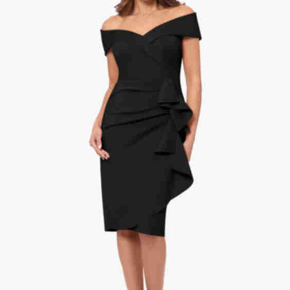 Petite "Jessie" Short Scuba Off the Shoulder Ruffle Dress