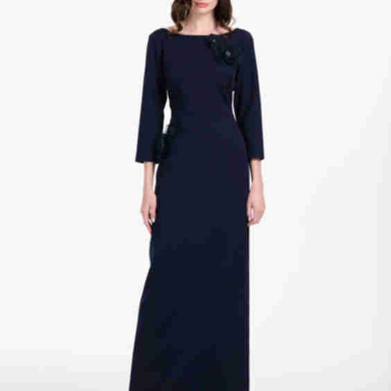 Stretch Crepe 3/4 Sleeve Gown with Organza Applique