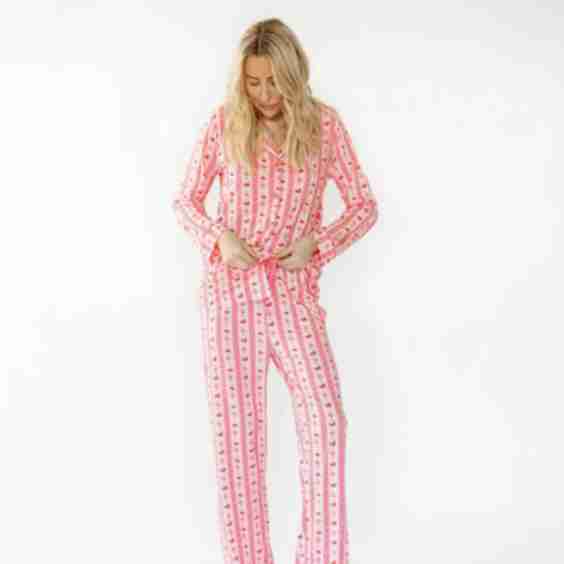 Cherry Bows Adult Button Down Long Sleeve Pajama Top