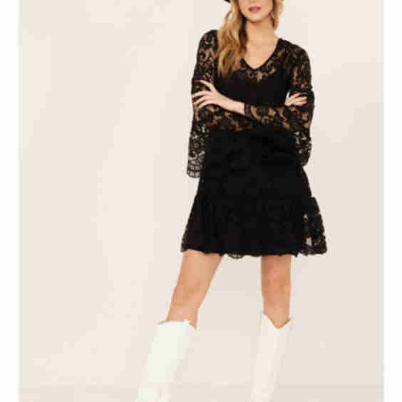 Lace Crochet Long Bell Sleeve Mini Dress