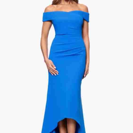 Petite "serena" Off the Shoulder High Low Long Scuba Crepe Dress