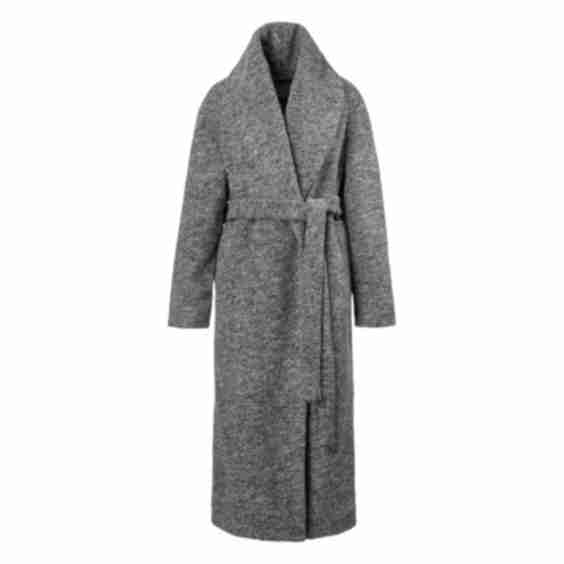 Long Grey Belted Coat with Shawl Collar 