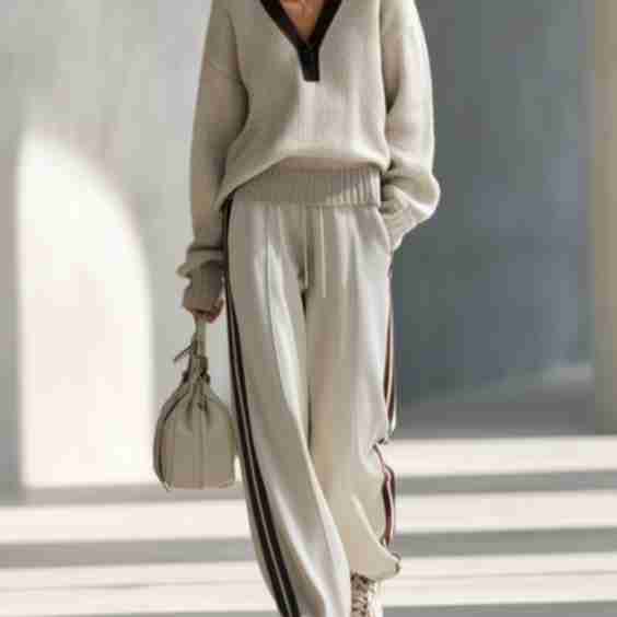 Block-Color V-Neck Knit Sweatshirt And Wide-Leg Pants Set