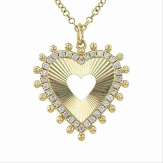 14k Yellow Gold Diamond Fluted Open Heart Necklace with 18" Chain