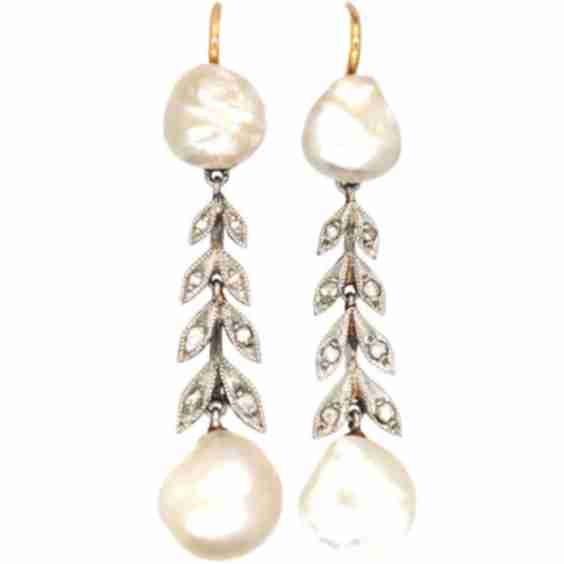 Edwardian 15ct & Platinum, Baroque Pearl & Rose Diamond Drop Earrings